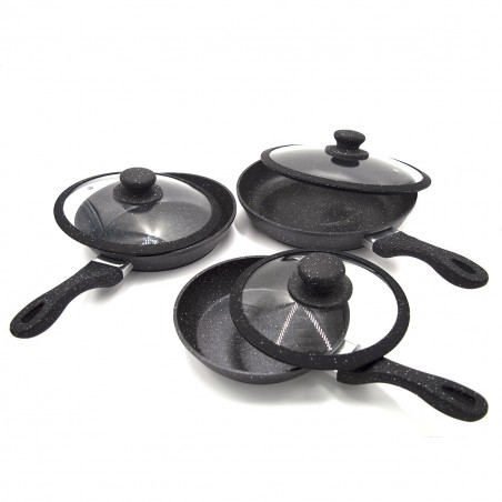 120001 Set 3 sartenes y 3 tapas DGBAVARIA Piedra de inducción NEGRA 20-24-28cm