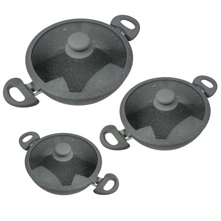 255004 Set 3 Sartenes de inducción DGBavaria 6Pz 20-24-28 en piedra con tapas