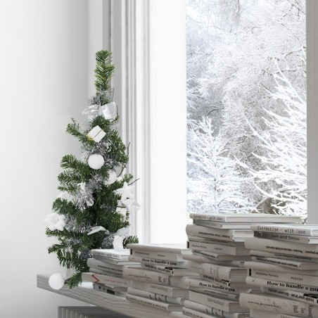 343636 Árbol de Navidad de mesa verde y gris 60H cm con adornos en ramas