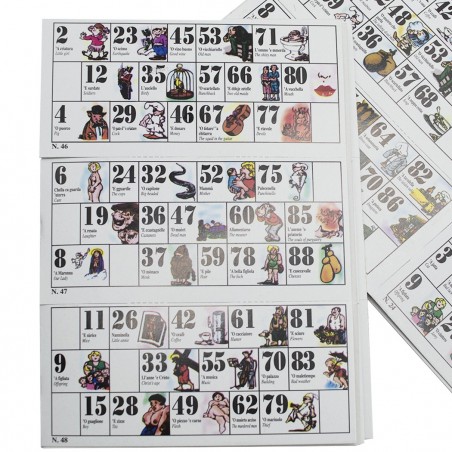 423192 Tombola smorfia napoletana con 90 números de madera y 48 cartones