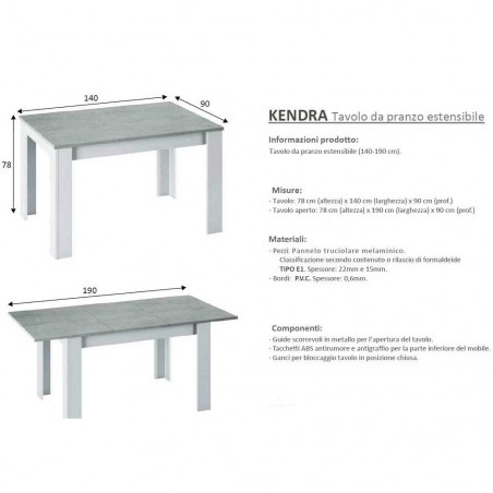 Mesa extensible hasta 190cm KENDRA en madera blanca y tapa de hormigón 140x90 cm