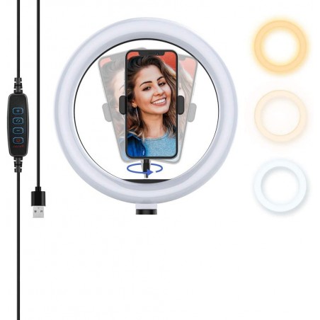 187141 Lámpara anillo de luz LED de 30 cm, faro selfie con trípode potenciómetro