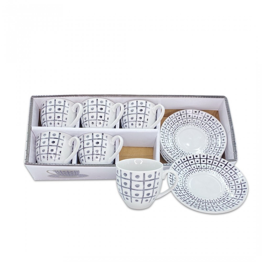 270044 Juego de 6 tazas de café con platillo mod. TRIS en porcelana blanca