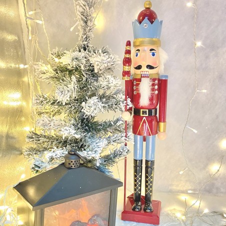 6107113 Soldado cascanuces de madera color ROJO 55 cm con adornos y cetro