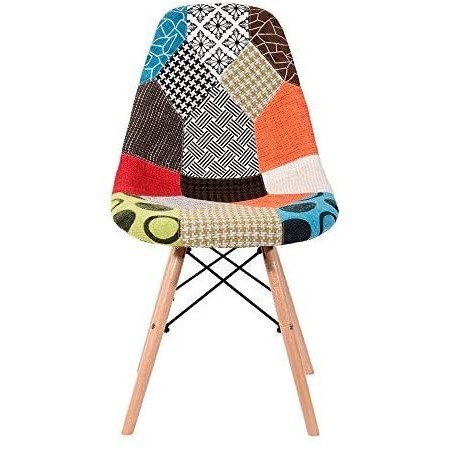 Silla fantasía tela patchwork 48x54x85cm con patas de madera y asiento blando