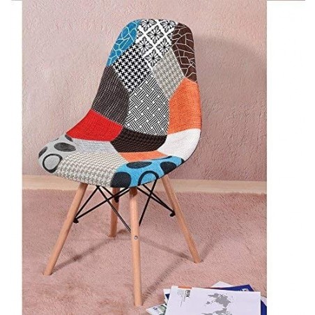 Silla fantasía tela patchwork 48x54x85cm con patas de madera y asiento blando