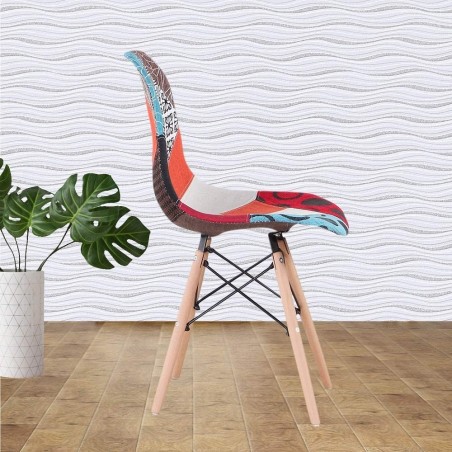 Silla fantasía tela patchwork 48x54x85cm con patas de madera y asiento blando