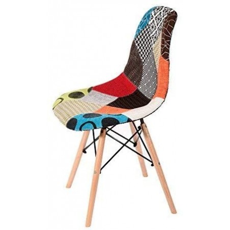 Silla fantasía tela patchwork 48x54x85cm con patas de madera y asiento blando