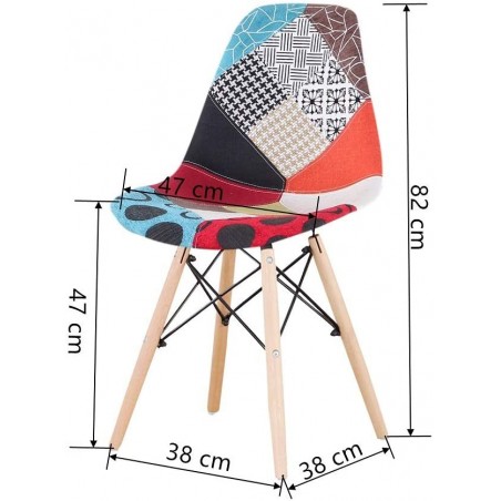 Silla fantasía tela patchwork 48x54x85cm con patas de madera y asiento blando