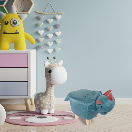 372027 Puf en tejido suave de ecopiel forma de rinoceronte en madera 47x25xh28cm