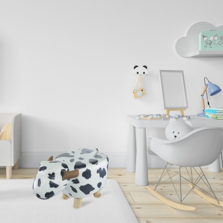 372027 Puf en tejido suave de ecopiel forma de Vaca en madera 47x25xH28cm