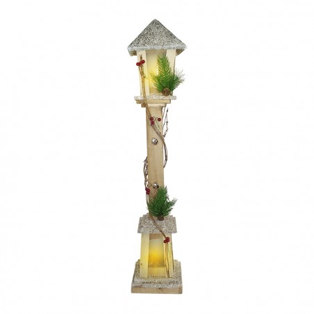 293021 Farola de Navidad de madera con brillo dorado H85 Cm 15 Led Luz cálida