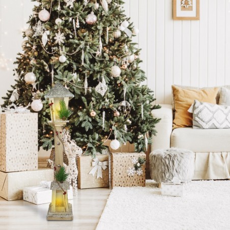 293021 Farola de Navidad de madera con brillo dorado H85 Cm 15 Led Luz cálida