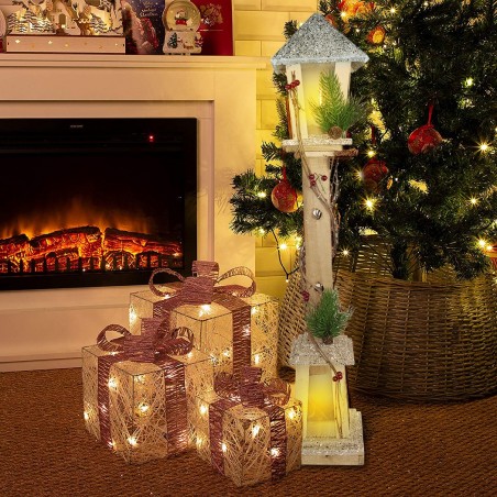 293021 Farola de Navidad de madera con brillo dorado H85 Cm 15 Led Luz cálida