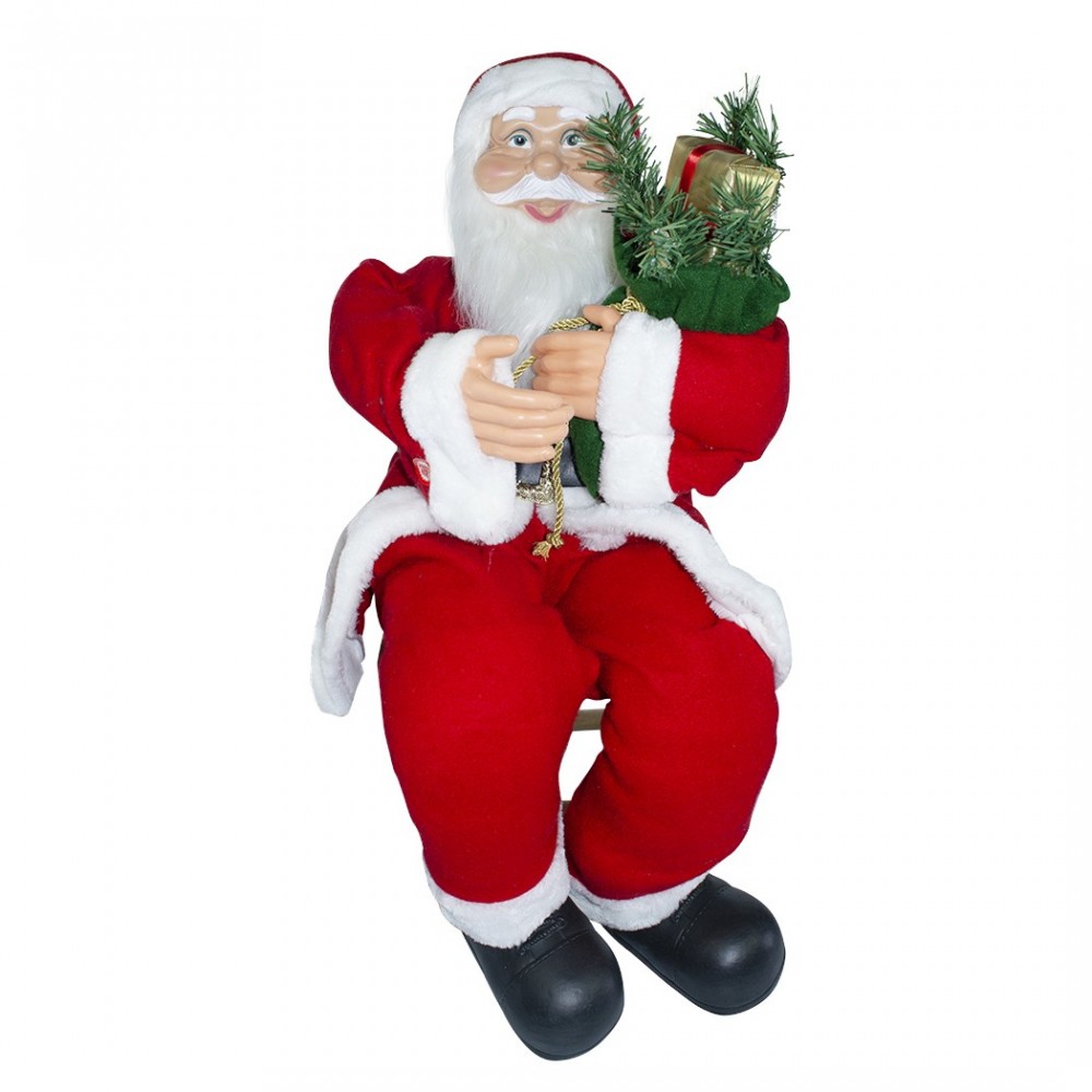 144059 Papá Noel sentado en silla 90 cm con bolsa de regalo y sonidos navideños
