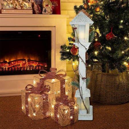 293022 Farola para Navidad de madera blanca brillo h85 cm 15 led luz cálida