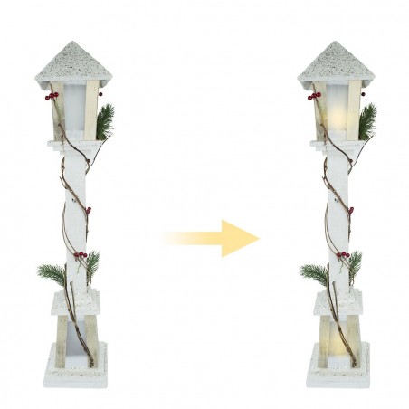 293022 Farola para Navidad de madera blanca brillo h85 cm 15 led luz cálida