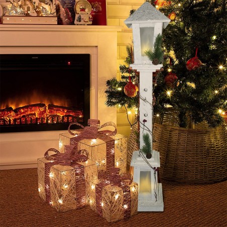 293020 Farola para Navidad de madera blanca brillo h98 cm 20 led luz cálida