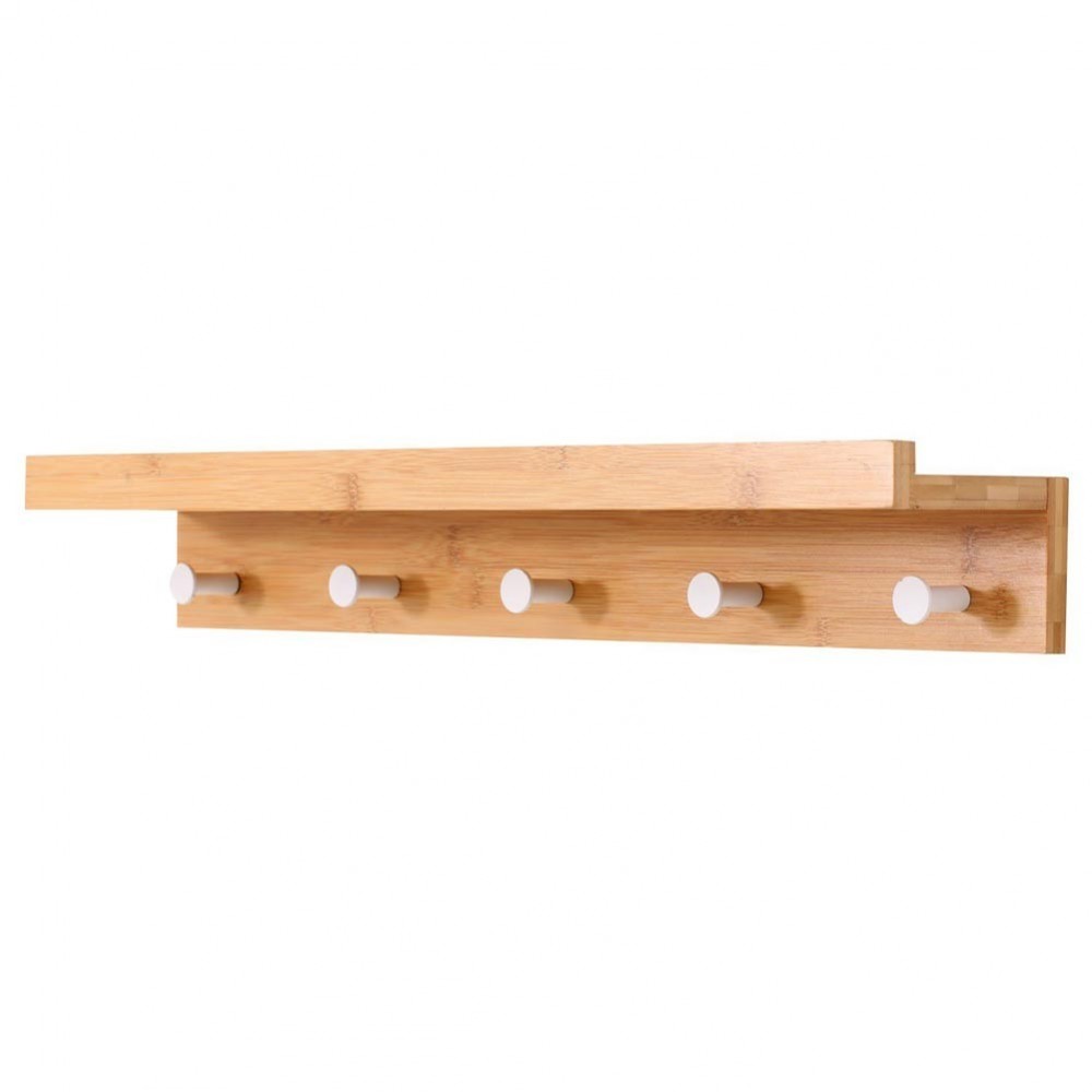 Estante de pared en madera de bambú con 5 ganchos para perchas 61x12xH10cm