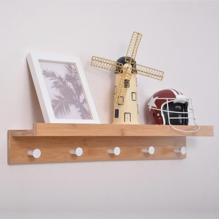 Estante de pared en madera de bambú con 5 ganchos para perchas 61x12xH10cm