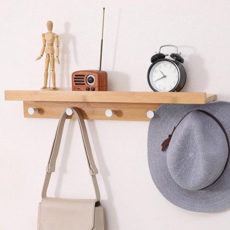 Estante de pared en madera de bambú con 5 ganchos para perchas 61x12xH10cm