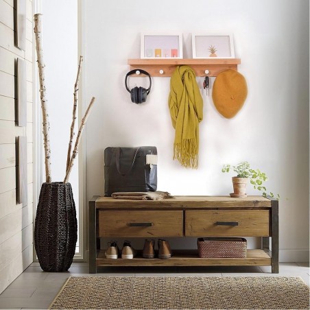 Estante de pared en madera de bambú con 5 ganchos para perchas 61x12xH10cm