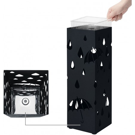 Paragüero de metal con bandeja de drenaje de agua y 4 ganchos 15,5x15,5xH49 cm