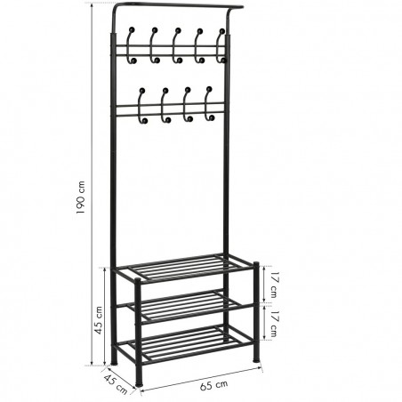 Perchero de pie para pasillo NEGRO con zapatero y 3 estantes 65x29xH190 cm