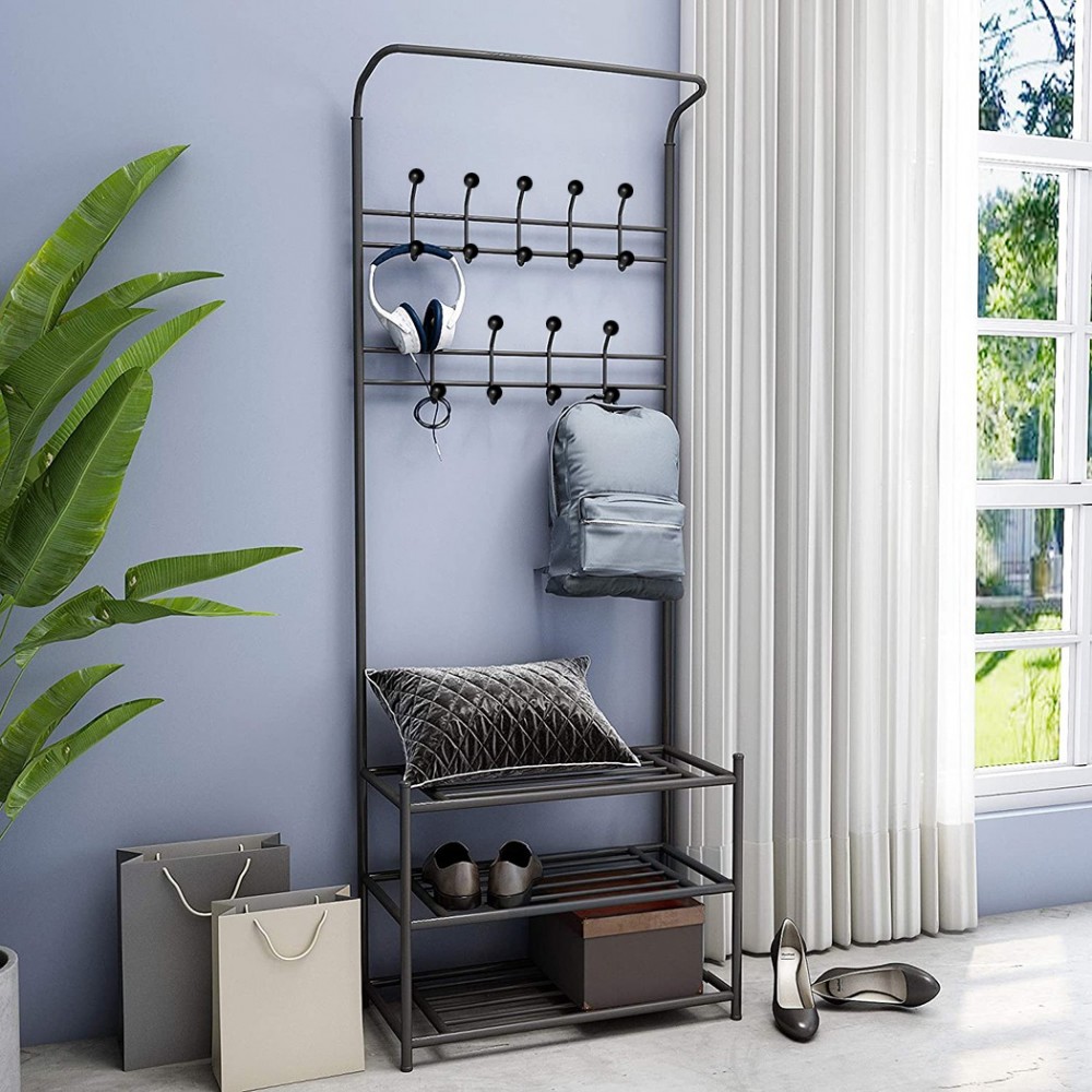 Perchero de pie para pasillo NEGRO con zapatero...