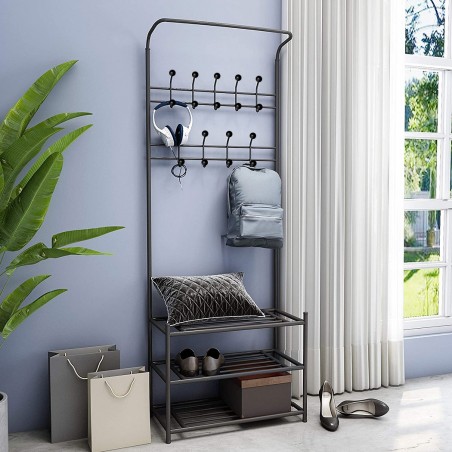 Perchero de pie para pasillo NEGRO con zapatero y 3 estantes 65x29xH190 cm