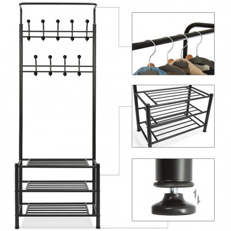 Perchero de pie para pasillo NEGRO con zapatero y 3 estantes 65x29xH190 cm