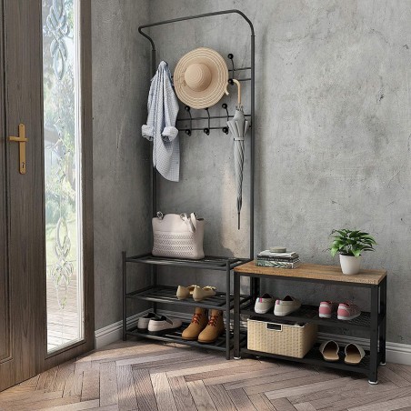 Perchero de pie para pasillo NEGRO con zapatero y 3 estantes 65x29xH190 cm