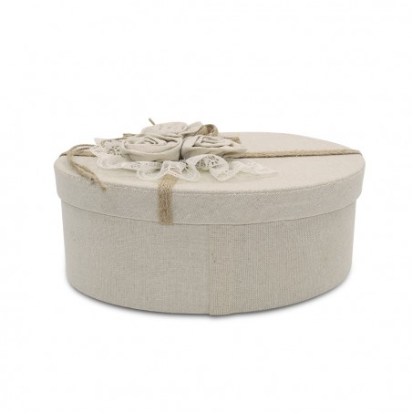 191004 Caja de regalo ovalada en yute Beige con decoración floral 27x14xH10 cm