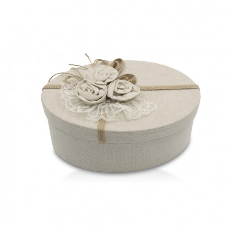 191004 Caja de regalo ovalada en yute Beige con decoración floral 27x14xH10 cm
