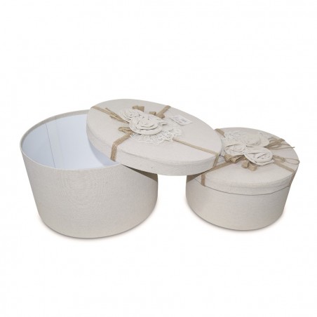 191010 Conjunto 3 cajas redondas forradas en yute decoración floral 32-30-28cm