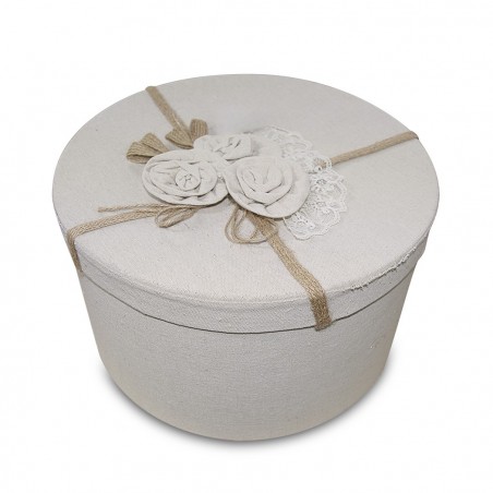 191010 Conjunto 3 cajas redondas forradas en yute decoración floral 32-30-28cm