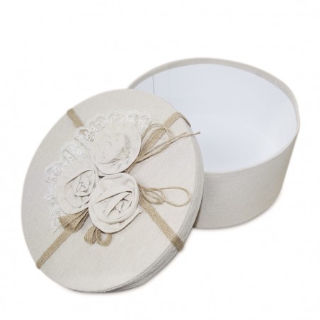 191010 Conjunto 3 cajas redondas forradas en yute decoración floral 32-30-28cm