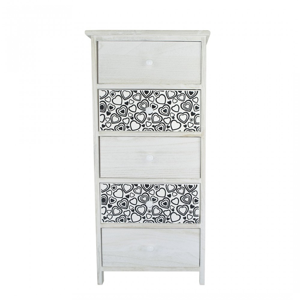 398007 Mueble madera blanca tirador y dibujos de corazones 5 cajones 40x29xH90cm