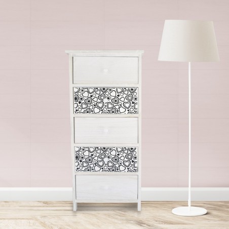 398007 Mueble madera blanca tirador y dibujos de corazones 5 cajones 40x29xH90cm