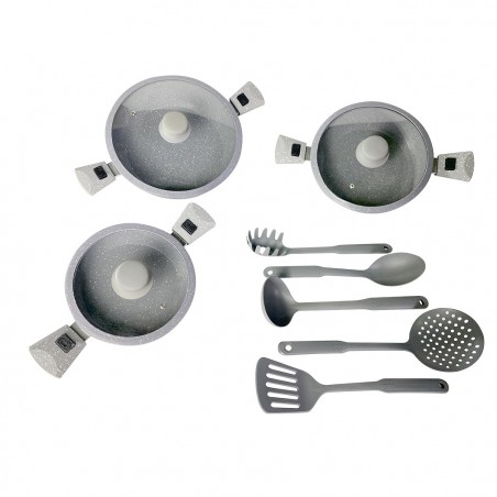 255030 Juego de cacerolas 17 piezas 20-24-28 cm DGBAVARIA GRIS asas extraíbles