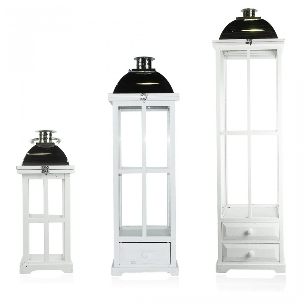 335010 Set 3 Pcs Maxi Lanterns BLANCO portavelas 50' 83' 126'cm madera y vidrio
