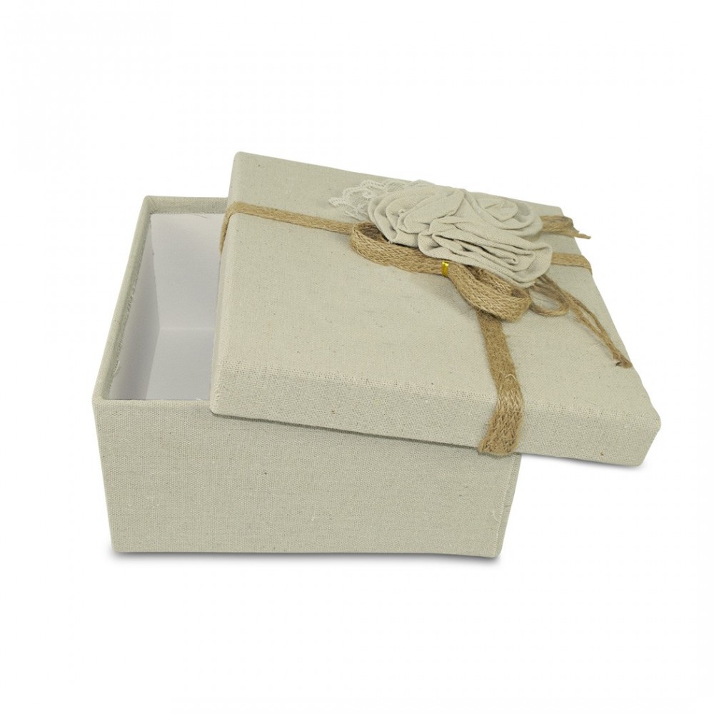 Art. 191001 Caja de regalo rectangular de yute beige con decoración floral