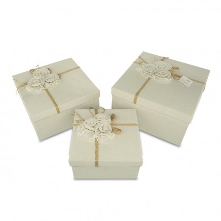 Art. 191008 Set de 3 cajas regalo cuadradas de yute con decoración floral