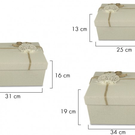 Art. 191008 Set de 3 cajas regalo cuadradas de yute con decoración floral