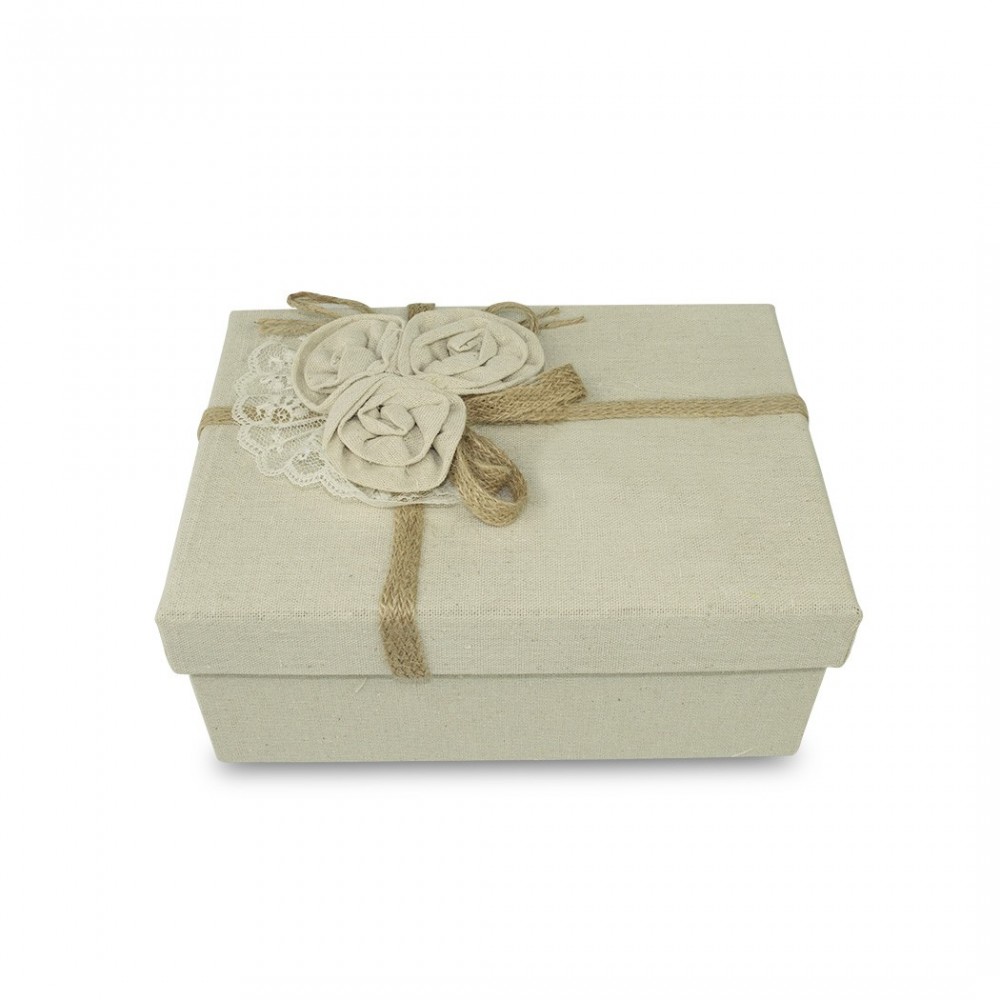Art. 191005 Caja de regalo rectangular de yute beige con decoración floral