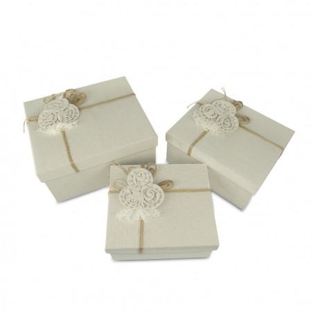 Art. 191006 Set de 3 cajas regalo rectangulares de yute con decoración floral