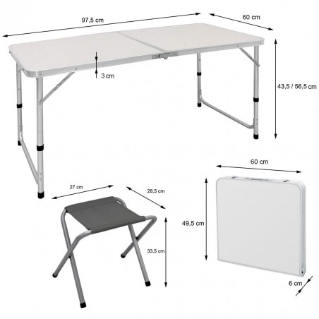 Mesa picnic plegable AURORA con juego de 4 taburetes plegables y con estuche