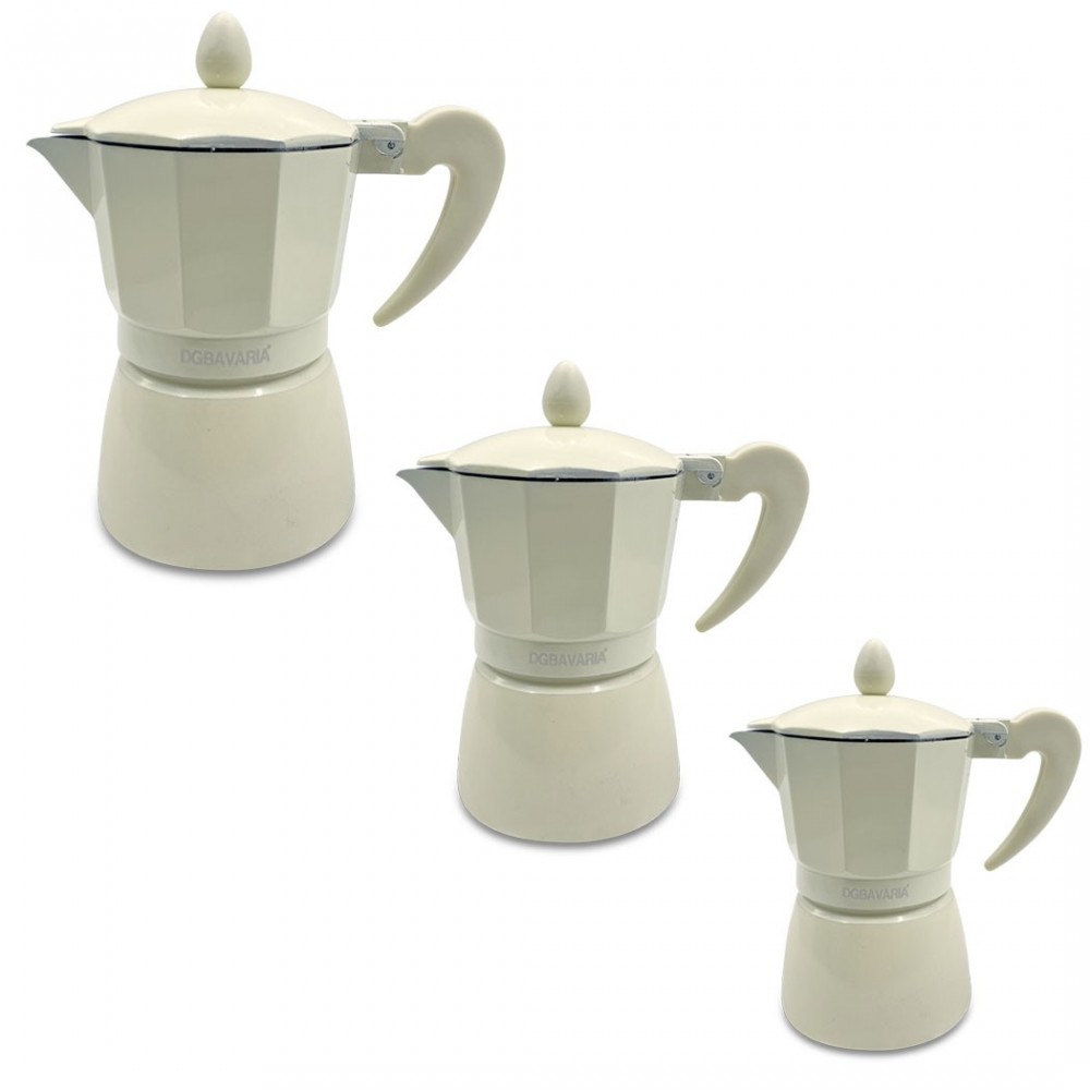 Art. 333025 Set 3 cafeteras BEIGE en aluminio mango suave al tacto 1-3-6 tazas