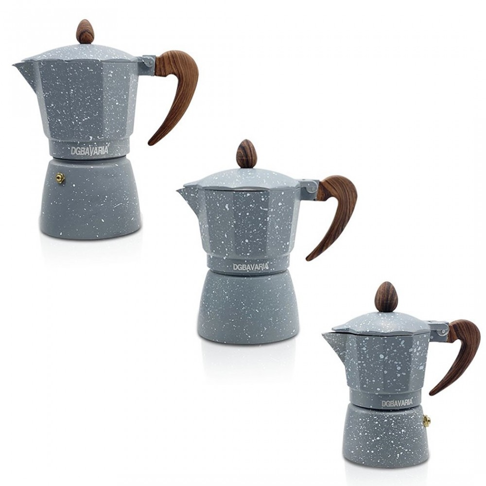 Art. 333024 Set 3 cafeteras GRIS en aluminio mango suave al tacto 1-3-6 tazas