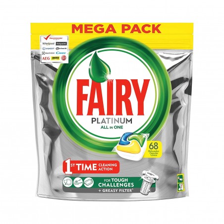 496535 Fairy platinum todo en uno con 68 cápsulas de limón para lavavajillas